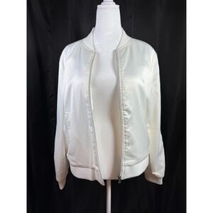 Joseph A White Satin Rose Embroidered Bomber Jacket Women's Size L Fully Lined